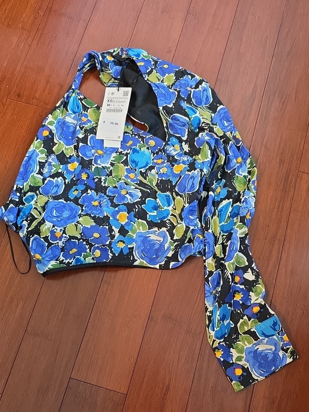 Zara Black Floral Blue One-Arm Crop Top Size XS